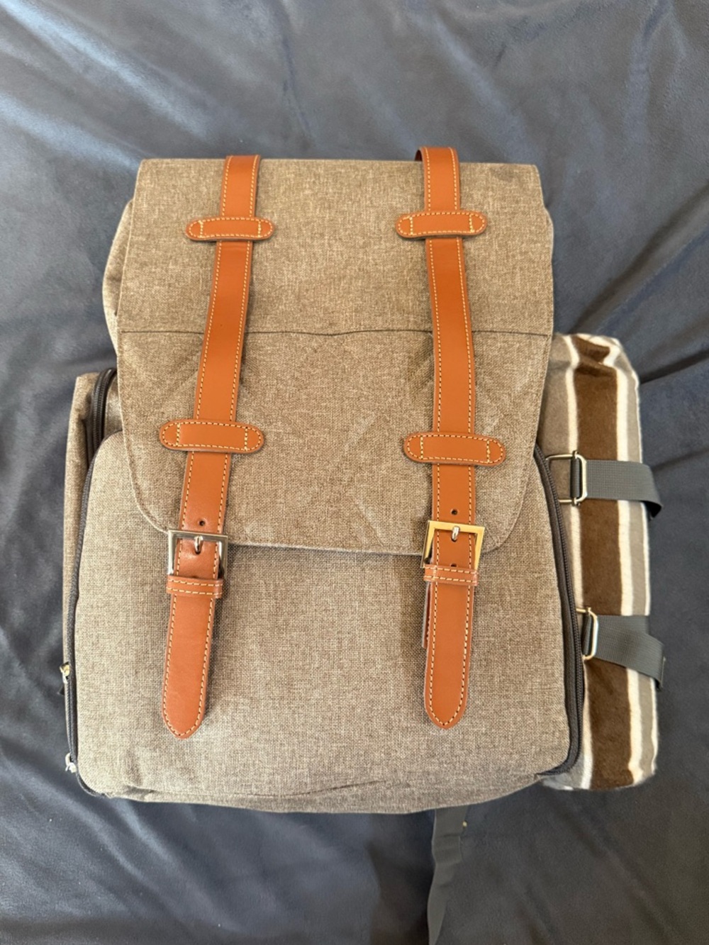 Picnic Canvas Backpack with Brown Leather Straps